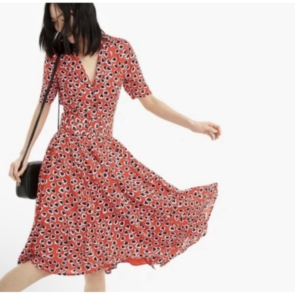 J Crew Heart Print Dress Womens Sz 10 Red Preppy Flirty Work Office